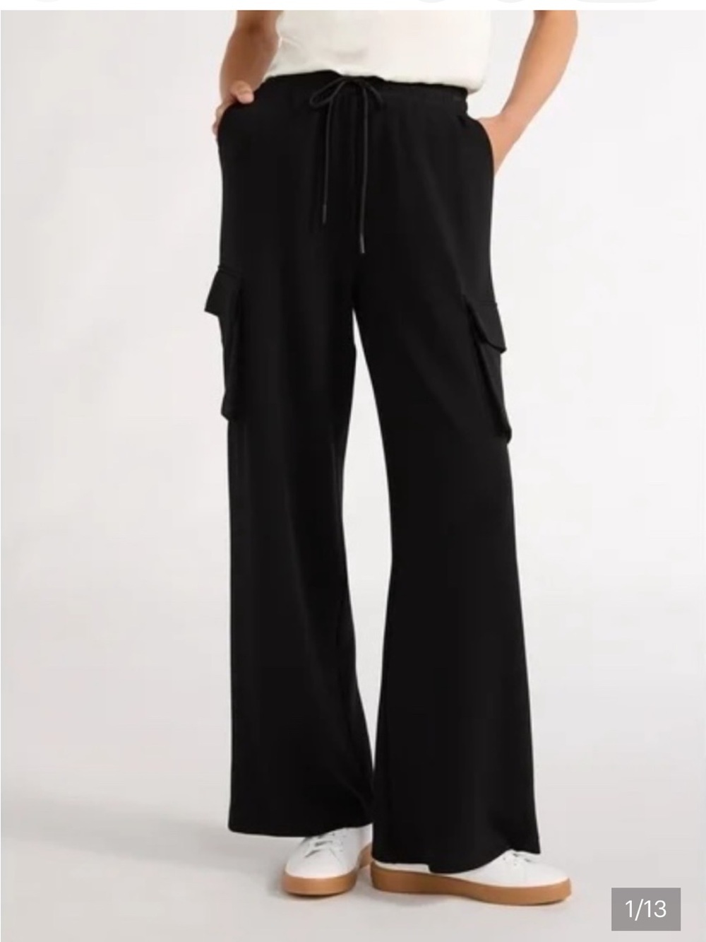 Wide-Leg Cargo Drawstring Pants - Black